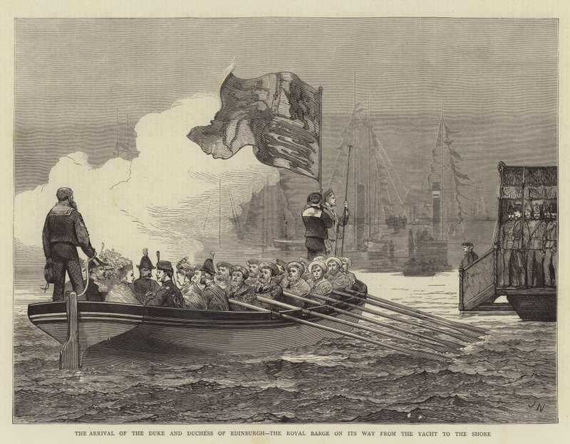 Ankomsten af hertugen og hertuginden af Edinburgh, Royal Barge på vej fra yachten til kysten af Joseph Nash