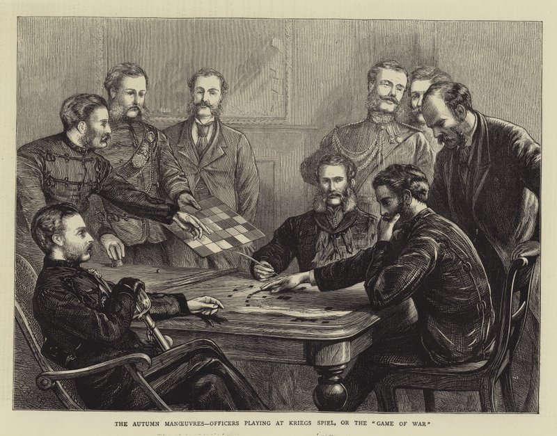 Efterårsmanøvrerne, betjente, der spiller på Kriegs Spiel, eller Game of War af Joseph Nash