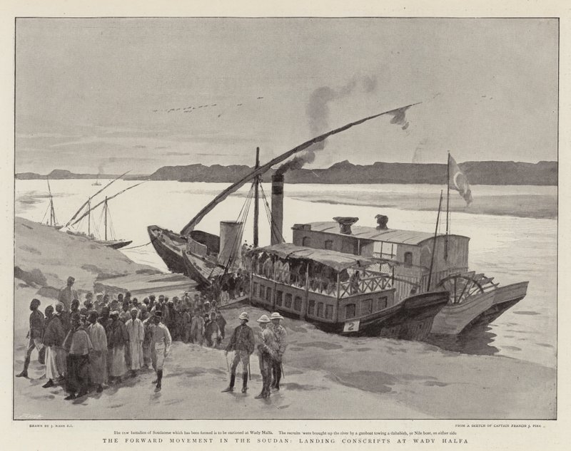 Fremadbevægelsen i Soudan, landing af værnepligtige ved Wady Halfa af Joseph Nash