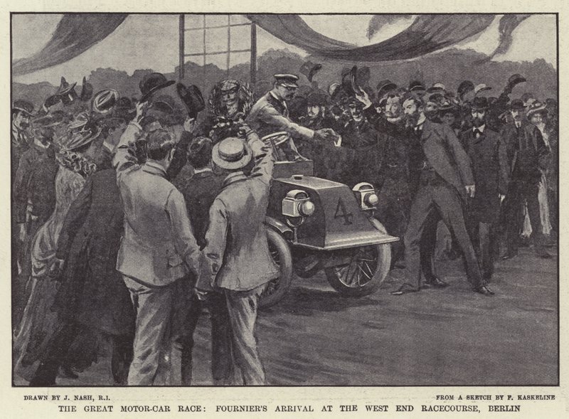 The Great Motor-Car Race, Fourniers ankomst til West End Racecourse, Berlin af Joseph Nash