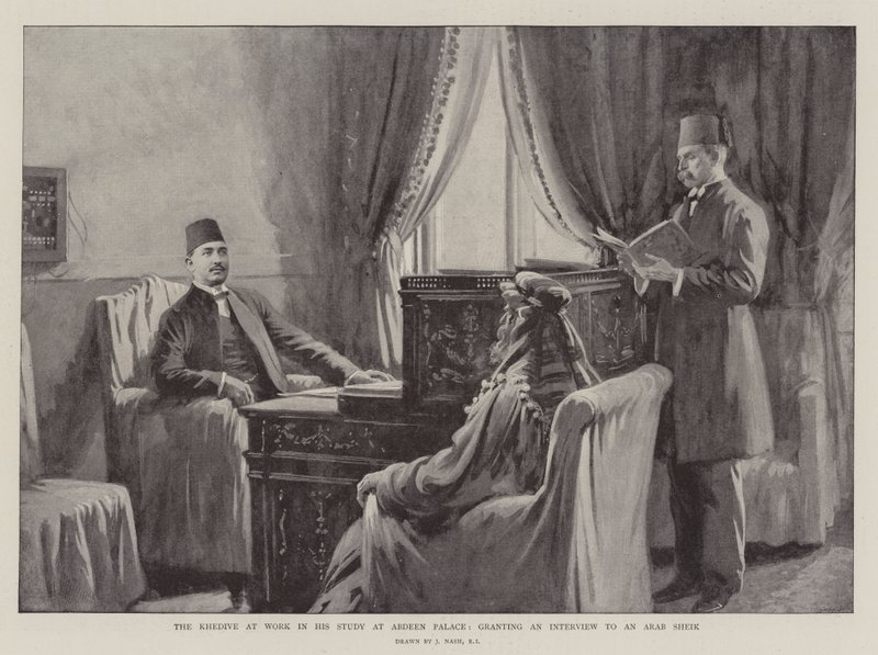 Khedivet på arbejde i sit studie på Abdeen Palace, der giver et interview til en arabisk sheik af Joseph Nash