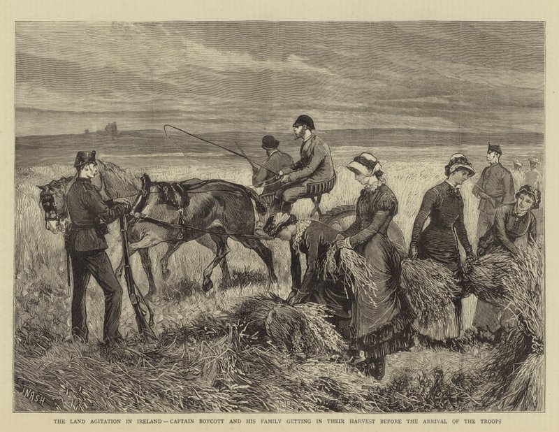 Landagitationen i Irland, kaptajn Boycott og hans familie høster før troppernes ankomst af Joseph Nash