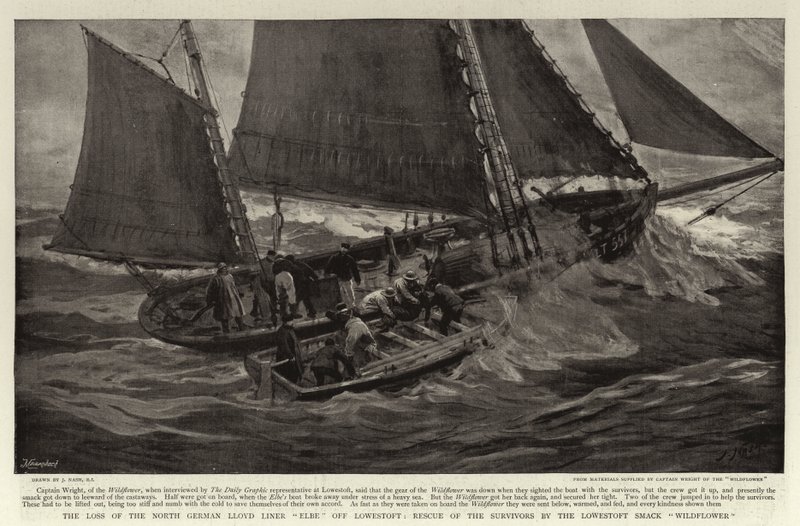 Tabet af den nordtyske Lloyd Line Elbe ud for Lowestoft, Rescue of the Survivors af Lowestoft Smack Wildflower af Joseph Nash