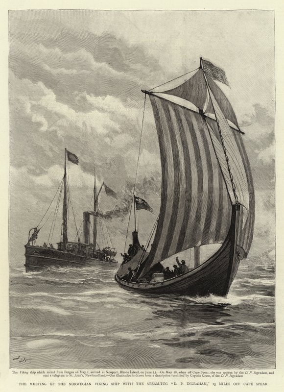 Mødet mellem det norske vikingeskib med dampslæbebåden D P Ingraham, 15 miles fra Cape Spear af Joseph Nash