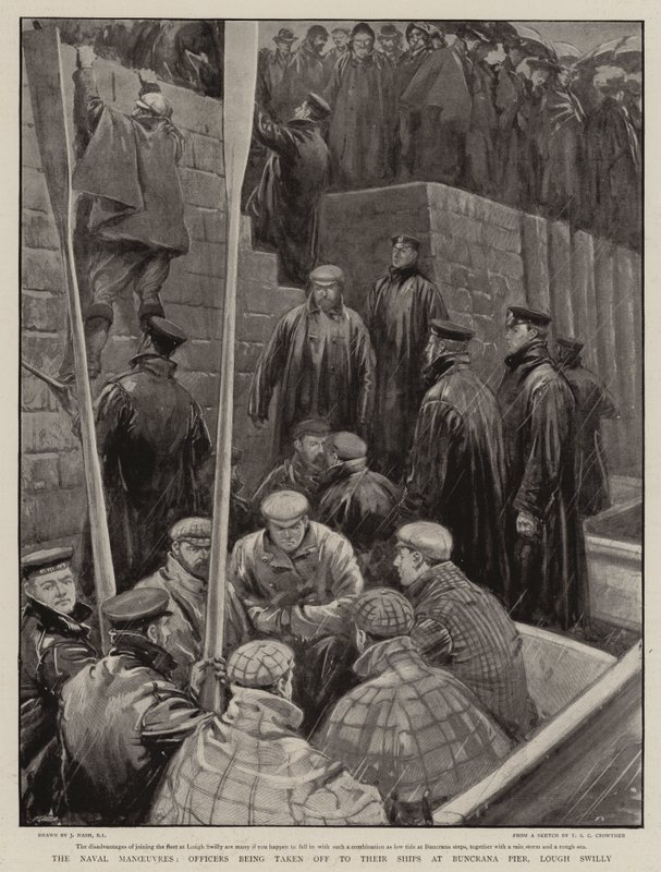 Flådens manøvrer, officerer bliver ført ud til deres skibe ved Buncrana Pier, Lough Swilly af Joseph Nash