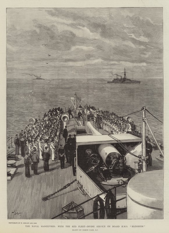 Sømanøvrerne, med den røde flåde, gudstjeneste om bord på HMS Blenheim af Joseph Nash