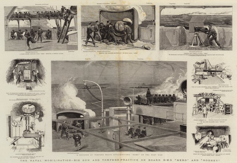 Naval Mobilisation, Big Gun og Torpedo Practice ombord på H M S Hero og Rodney af Joseph Nash
