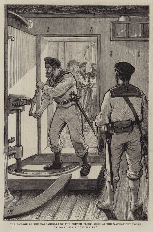 Den britiske flådes passage af Dardanellerne, der lukker de vandtætte døre om bord på HMS Temeraire af Joseph Nash