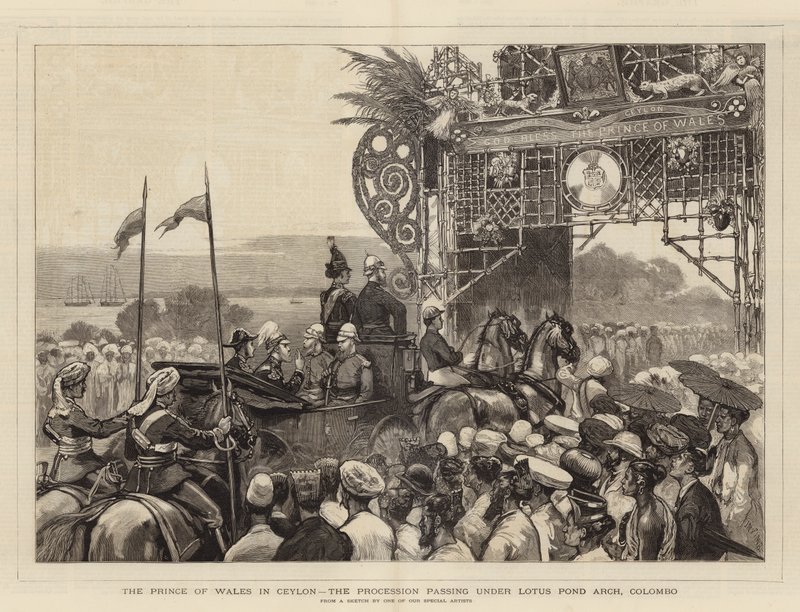 Prinsen af Wales i Ceylon, processionen passerer under Lotus Pond Arch, Colombo af Joseph Nash