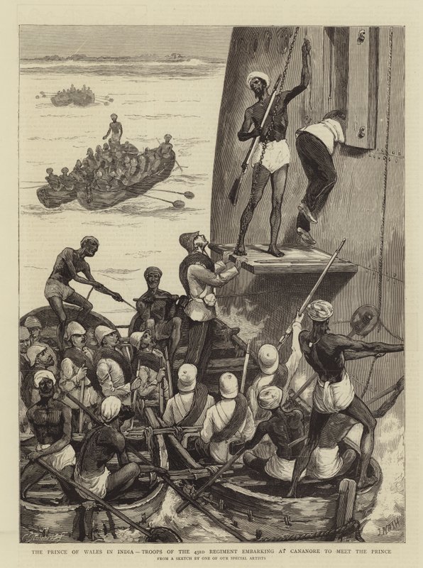 Prinsen af Wales i Indien, tropper fra 43. regiment går om bord i Cananore for at møde prinsen af Joseph Nash