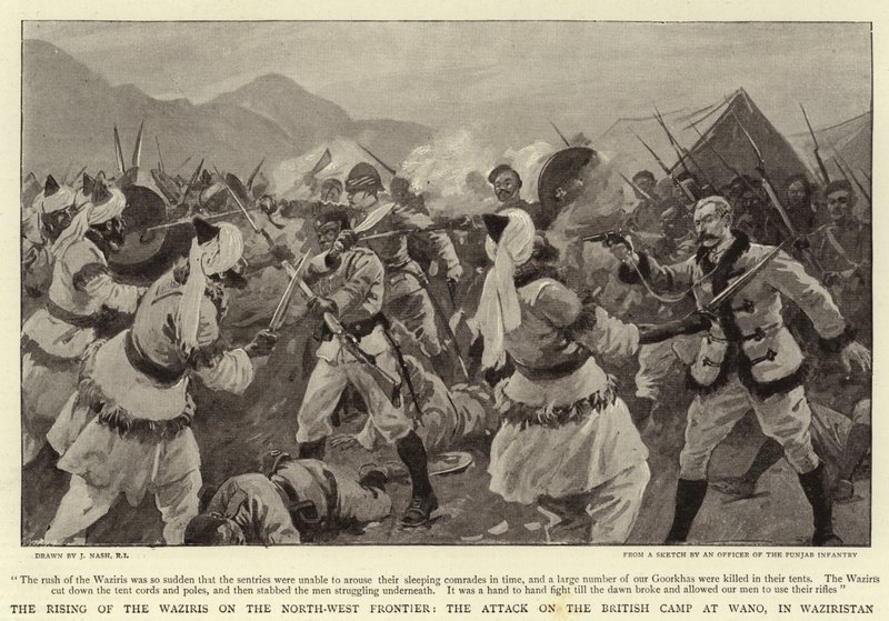 Waziriernes opstand på den nordvestlige grænse, angrebet på den britiske lejr ved Wano, i Waziristan af Joseph Nash
