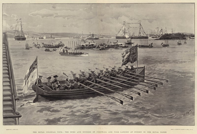 Royal Colonial Tour, hertugen og hertuginden af Cornwall og York lander i Sydney i Royal Barge af Joseph Nash