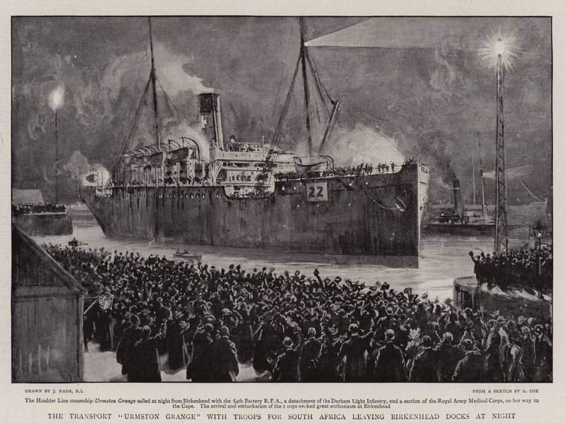 Transport Urmston Grange med tropper til Sydafrika forlader Birkenhead Docks om natten af Joseph Nash