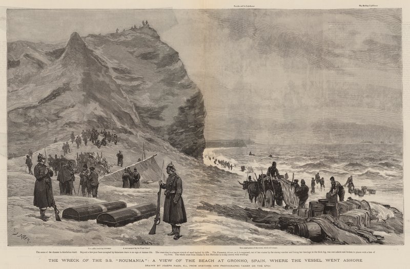 Vraget af SS Roumania, en udsigt over stranden ved Gronho, Spanien, hvor fartøjet gik i land af Joseph Nash