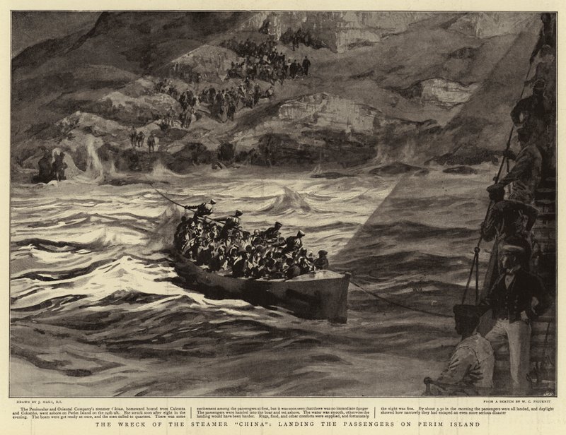 Vraget af Steamer China, der lander passagererne på Perim Island af Joseph Nash