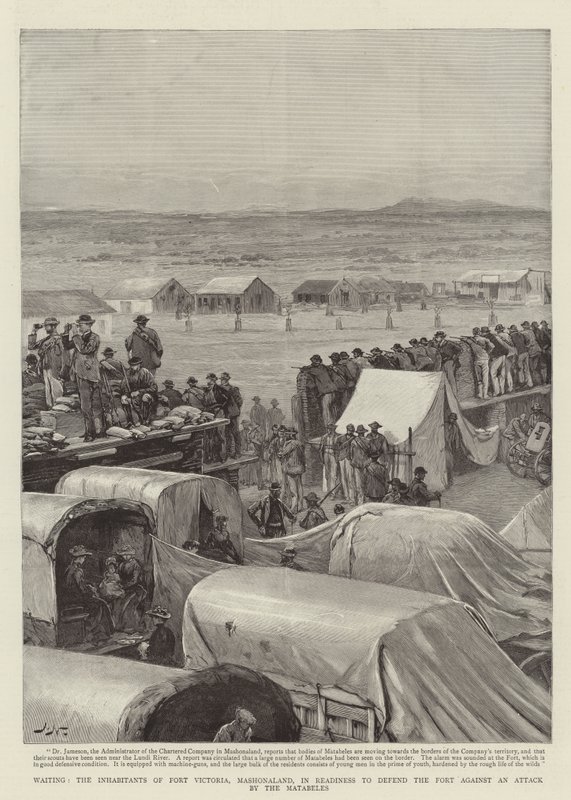 Venter, indbyggerne i Fort Victoria, Mashonaland, klar til at forsvare fortet mod et angreb fra Matabeles af Joseph Nash