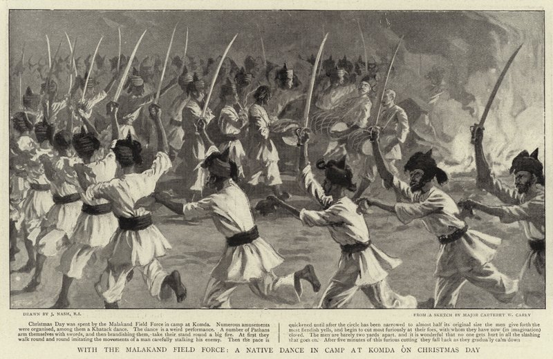 Med Malakand Field Force, en indfødt dans i lejren ved Komda juledag af Joseph Nash