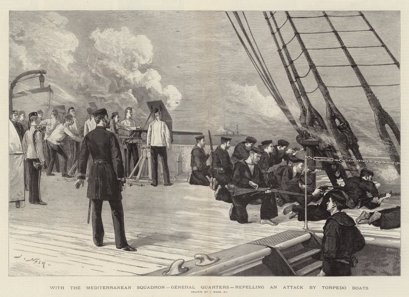 Med Mediterranean Squadron, General Quarters, der afstøder et angreb fra torpedobåde af Joseph Nash