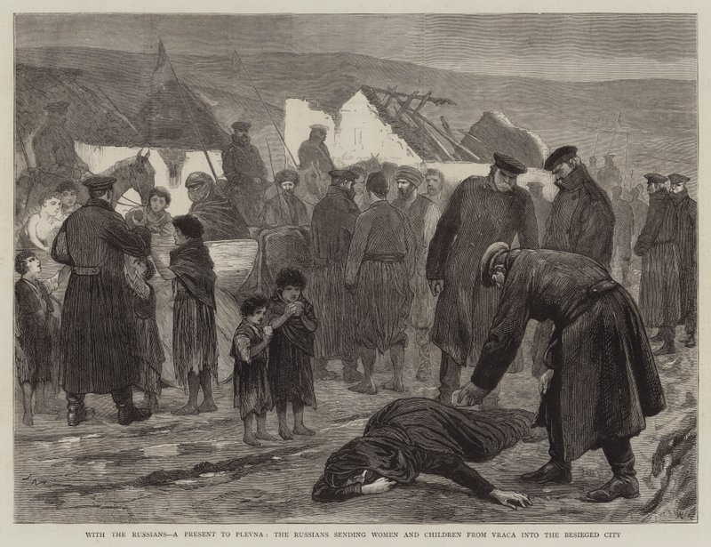 Med russerne, en gave til Plevna, sender russerne kvinder og børn fra Vraca ind i den belejrede by af Joseph Nash