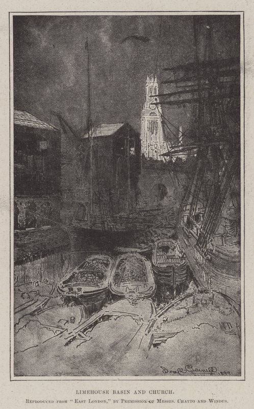 Limehouse Basin og Kirke af Joseph Pennell
