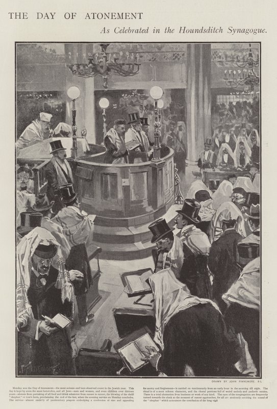 Fejring af den jødiske forsoningsdag i Houndsditch Synagogue, London (litho) af Joseph (after) Finnemore
