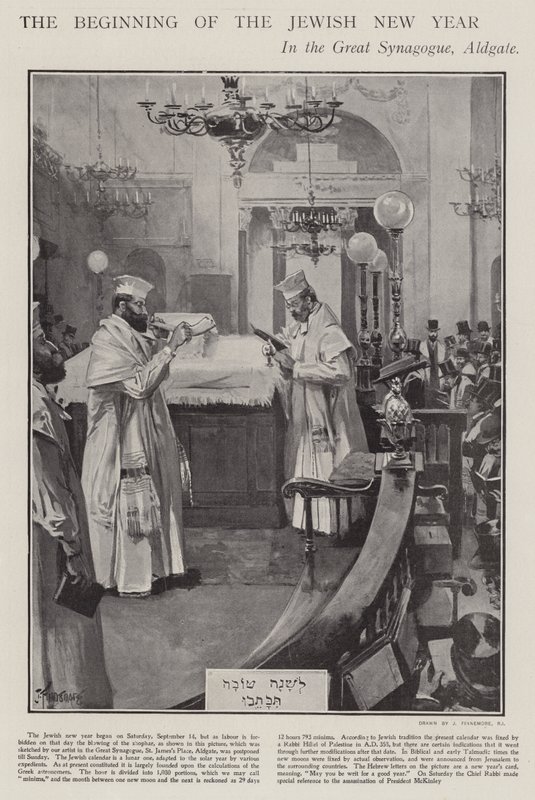 Fejring af begyndelsen af det jødiske nytår i den store synagoge, Aldgate, London (litho) af Joseph (after) Finnemore