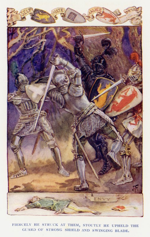 Illustration til Sir Knight of the Splendid Way (farve litho) af Joseph (after) Finnemore
