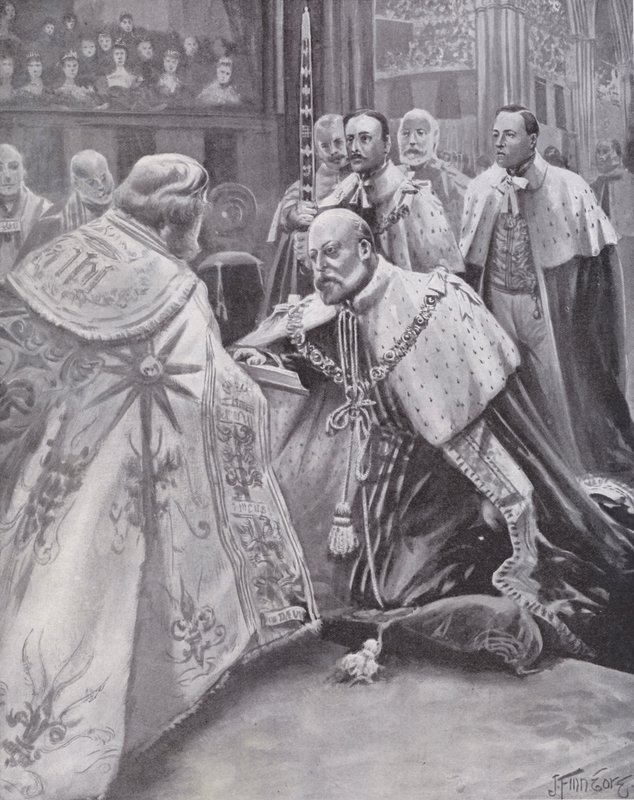 Kong Edward VII aflægger ed ved hans kroning, Westminster Abbey, London af Joseph (after) Finnemore
