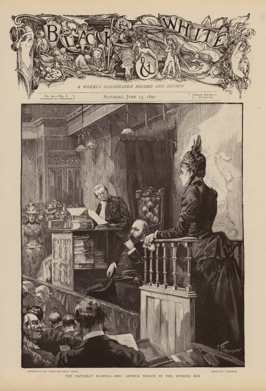 Fru Arthur Wilson vidner under retssagen om Baccarat-skandalen (kobberstik) af Joseph (after) Finnemore