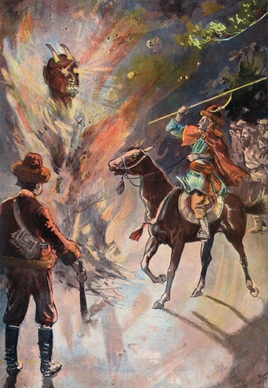 Robinson Crusoe: Ødelæggelse af tataridolet (farve litho) af Joseph (after) Finnemore