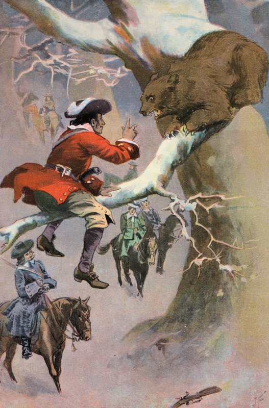 Robinson Crusoe: Fredag driller bjørnen (farve litho) af Joseph (after) Finnemore