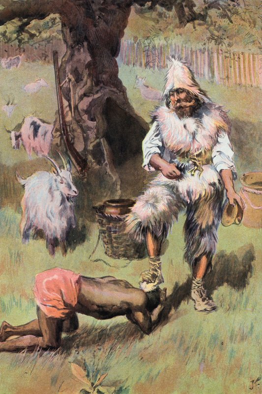 Robinson Crusoe: Han placerer min fod på hans hoved (farve litho) af Joseph (after) Finnemore