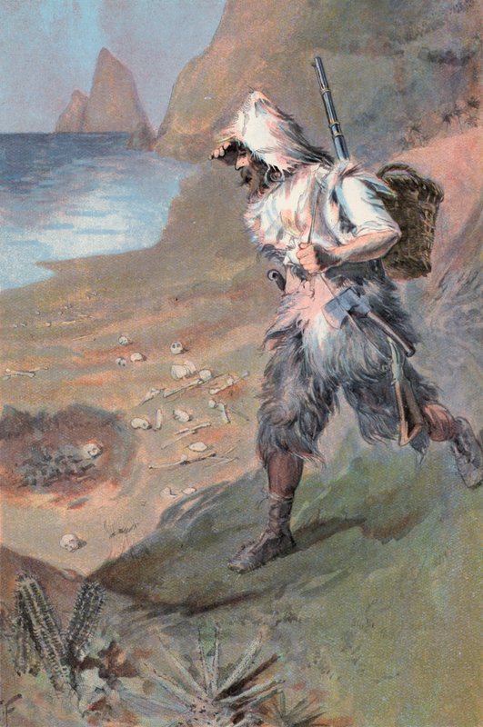 Robinson Crusoe: Jeg er fyldt med rædsel (farve litho) af Joseph (after) Finnemore