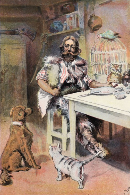 Robinson Crusoe: Jeg er som en konge (farve litho) af Joseph (after) Finnemore