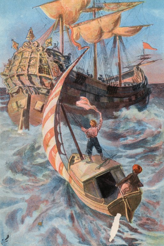 Robinson Crusoe: Jeg bliver reddet af et portugisisk skib (farve litho) af Joseph (after) Finnemore