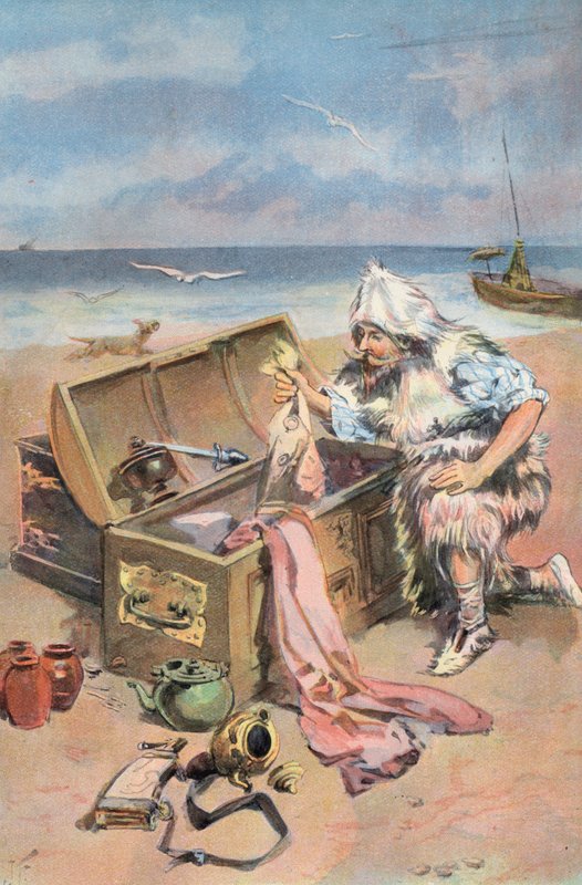 Robinson Crusoe: Jeg undersøger kisterne (farve litho) af Joseph (after) Finnemore