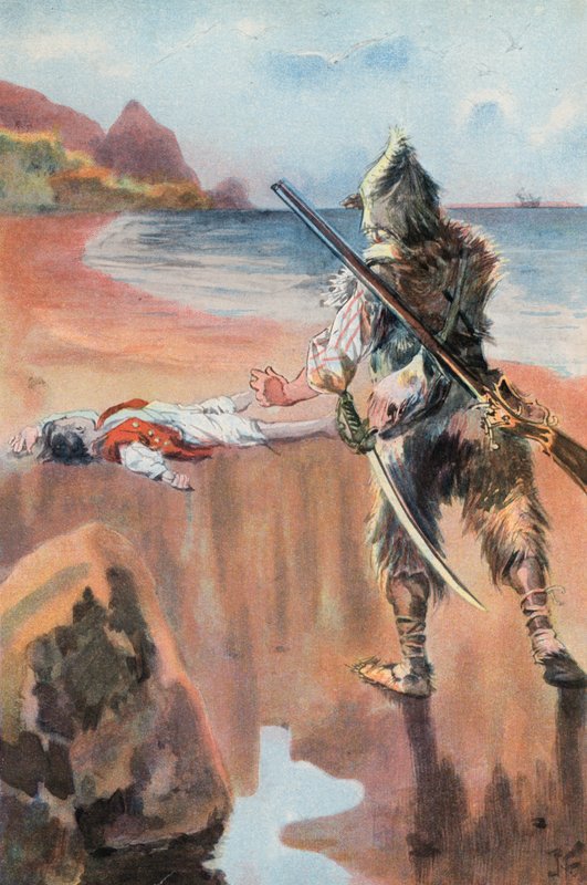 Robinson Crusoe: Jeg finder en druknet dreng (farve litho) af Joseph (after) Finnemore