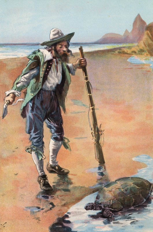 Robinson Crusoe: Jeg finder en skildpadde (farve litho) af Joseph (after) Finnemore