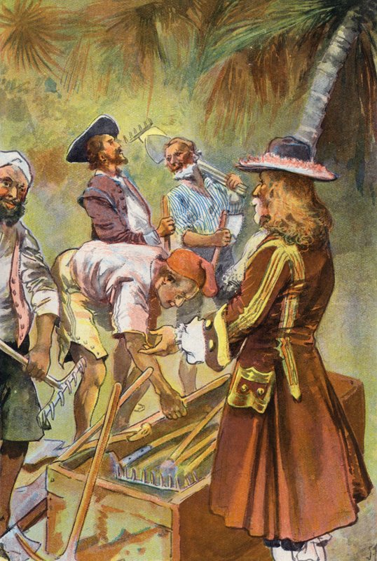 Robinson Crusoe: Jeg gav hver mand en gravespade (farve litho) af Joseph (after) Finnemore