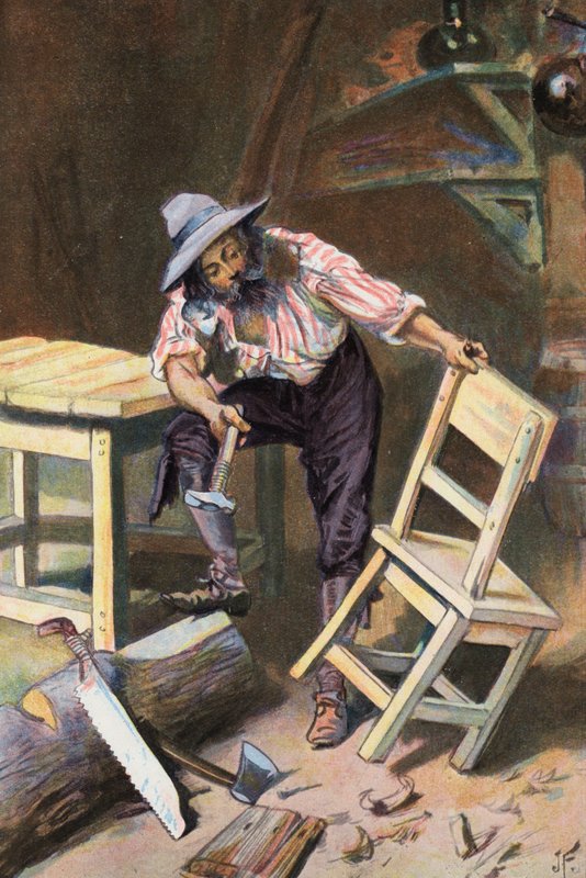 Robinson Crusoe: Jeg laver et bord og en stol (farve litho) af Joseph (after) Finnemore