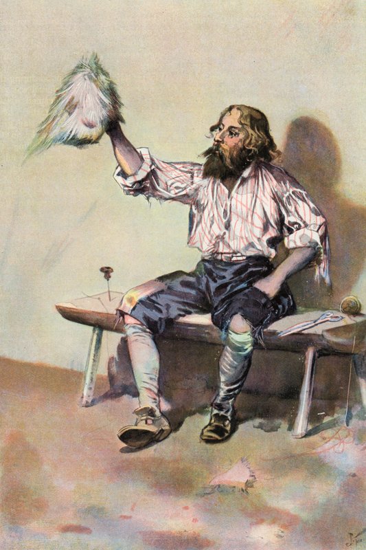 Robinson Crusoe: Jeg laver mig en kasket (farve litho) af Joseph (after) Finnemore
