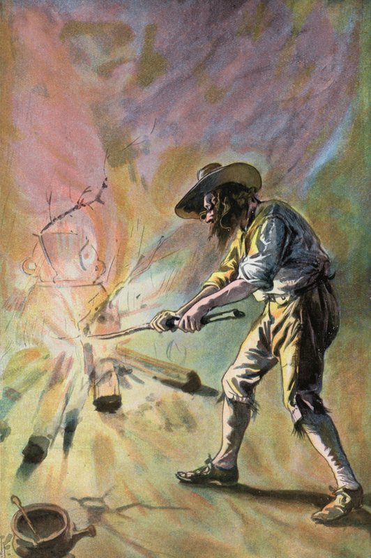 Robinson Crusoe: Jeg laver potter (farve litho) af Joseph (after) Finnemore