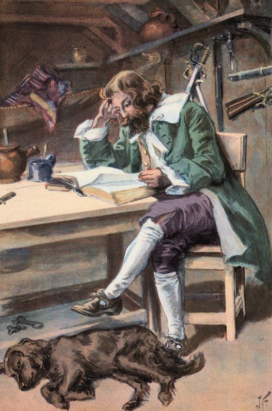 Robinson Crusoe: Jeg læser min bibel (farve litho) af Joseph (after) Finnemore