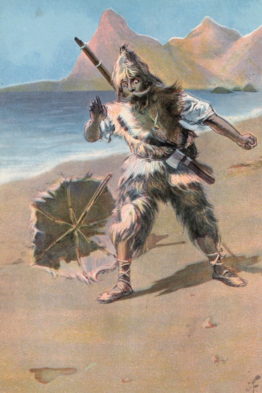 Robinson Crusoe: Jeg ser et fodaftryk (farve litho) af Joseph (after) Finnemore