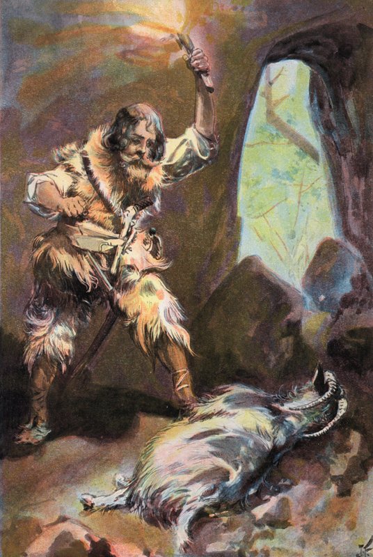 Robinson Crusoe: Jeg ser en gammel ged (farve litho) af Joseph (after) Finnemore