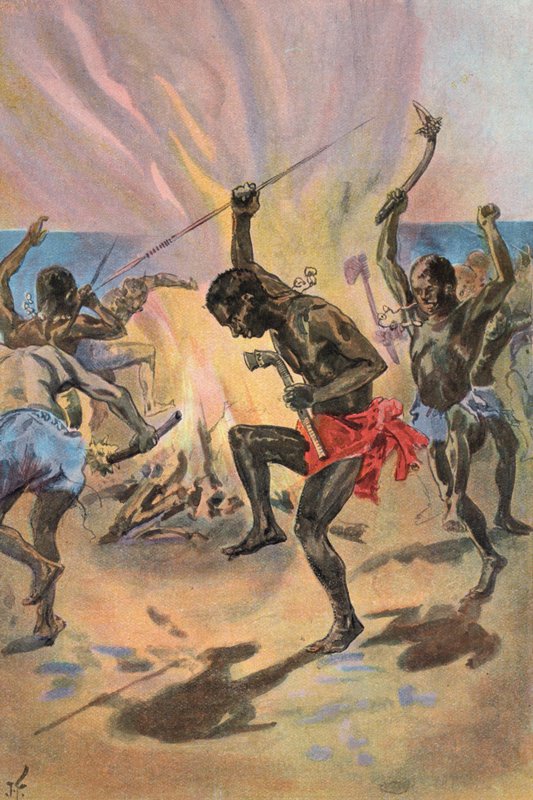 Robinson Crusoe: Jeg ser de vilde danse (farve litho) af Joseph (after) Finnemore