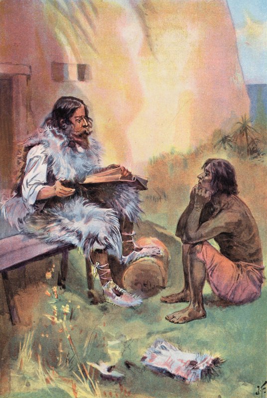 Robinson Crusoe: Jeg underviser fredag (farve litho) af Joseph (after) Finnemore
