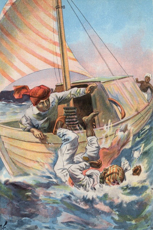 Robinson Crusoe: Jeg kaster mauren overbord (farve litho) af Joseph (after) Finnemore