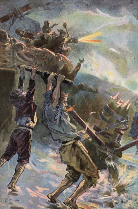 Robinson Crusoe: Jeg arbejder ved pumpen (farve litho) af Joseph (after) Finnemore