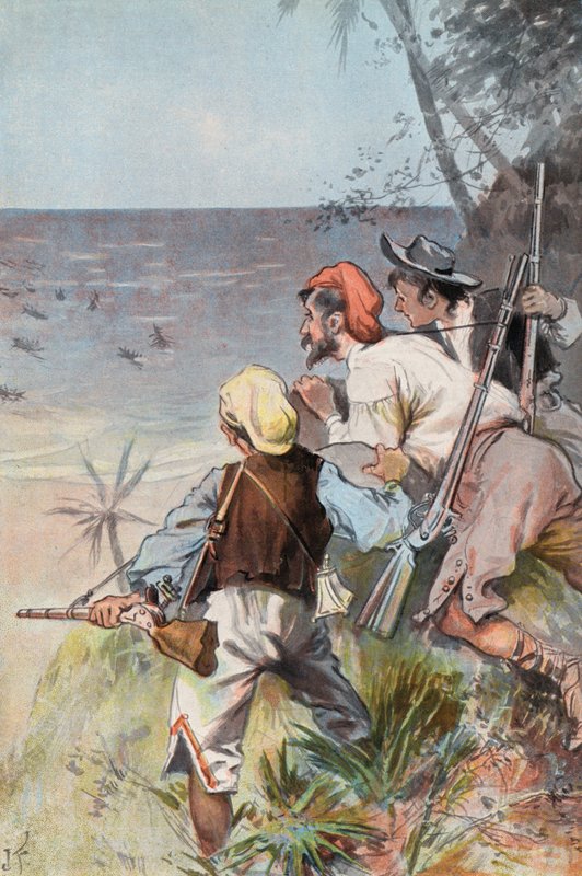 Robinson Crusoe: Invaderet af vilde (farve litho) af Joseph (after) Finnemore